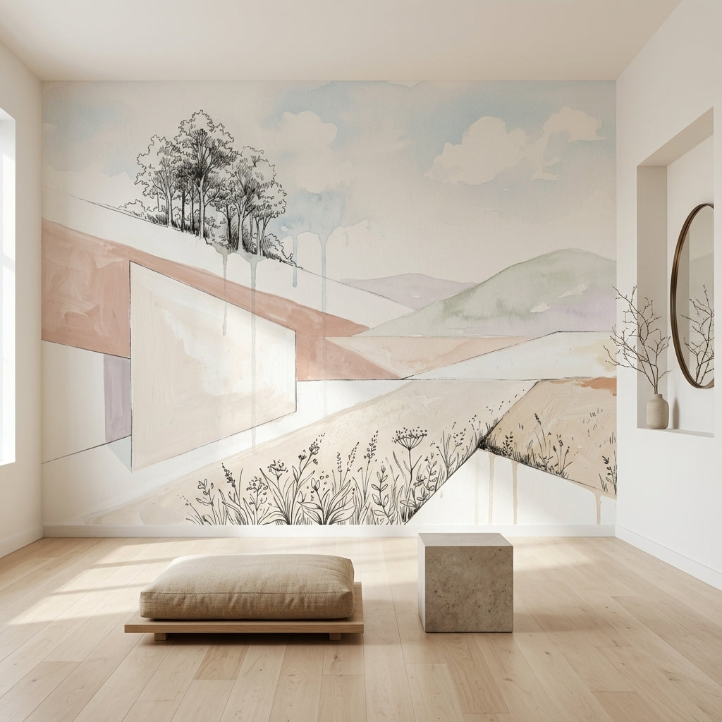Pastel Manzaralı Poster Duvar Kağıdı Minimalist Dağ ve Ağaç Desenli