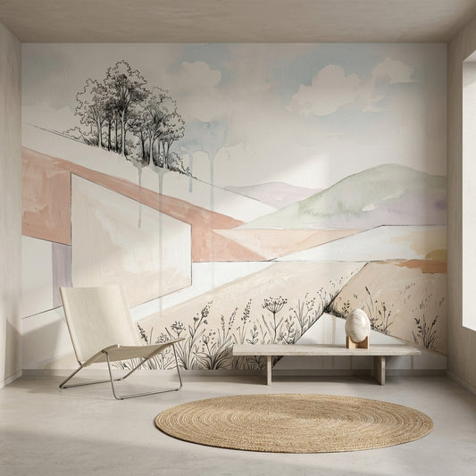 Pastel Manzaralı Poster Duvar Kağıdı Minimalist Dağ ve Ağaç Desenli