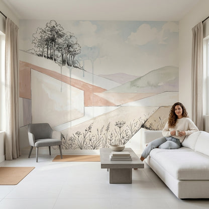 Pastel Manzaralı Poster Duvar Kağıdı Minimalist Dağ ve Ağaç Desenli