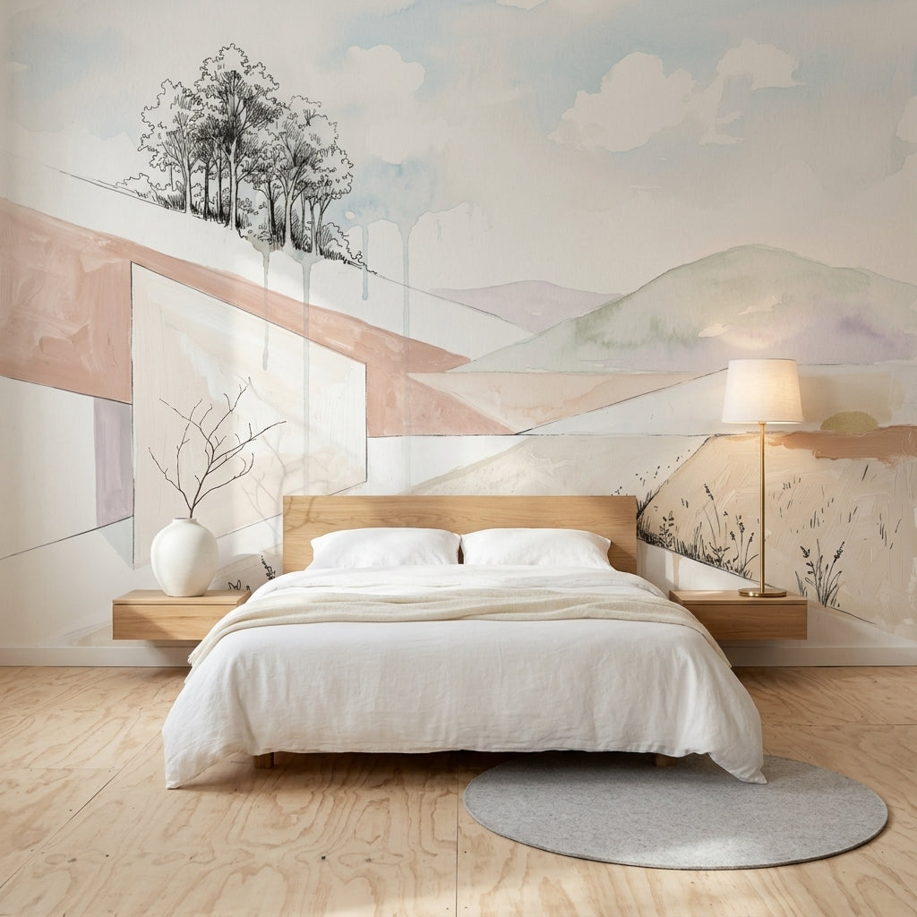 Pastel Manzaralı Poster Duvar Kağıdı Minimalist Dağ ve Ağaç Desenli