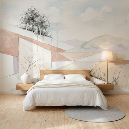 Pastel Manzaralı Poster Duvar Kağıdı Minimalist Dağ ve Ağaç Desenli