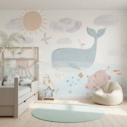 Balina ve Hayvanlı Poster Duvar Kağıdı Pastel Bebek Odası