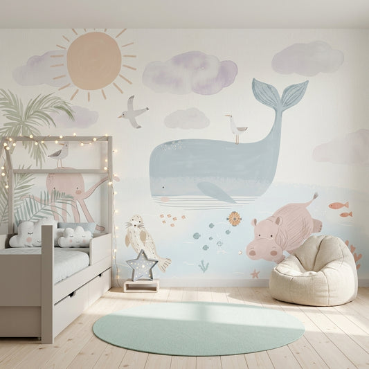 Balina ve Hayvanlı Poster Duvar Kağıdı Pastel Bebek Odası
