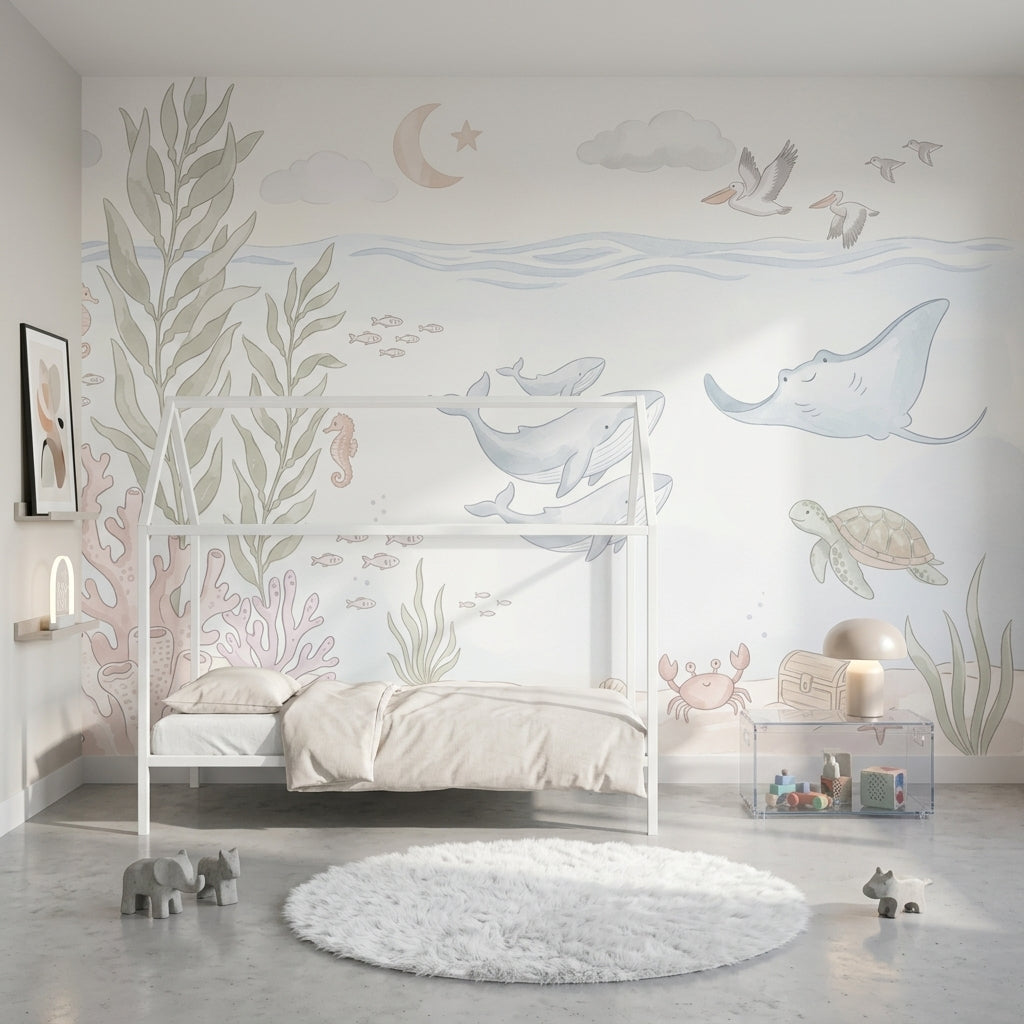 Deniz Canlıları Poster Duvar Kağıdı Pastel Çocuk Odası Desenli