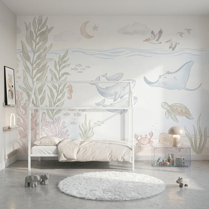 Deniz Canlıları Poster Duvar Kağıdı Pastel Çocuk Odası Desenli