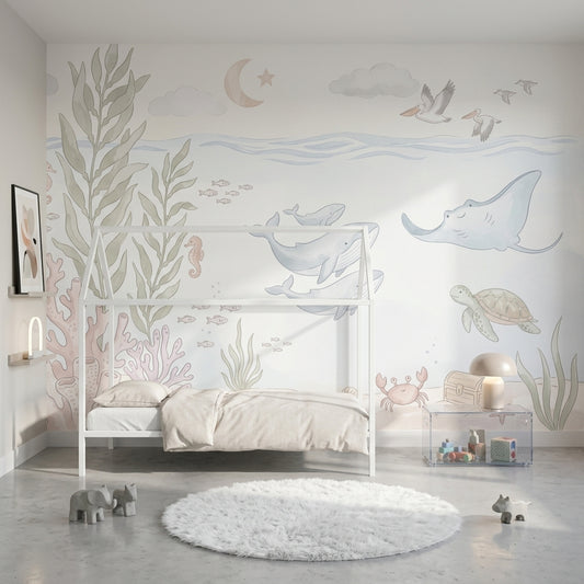 Deniz Canlıları Poster Duvar Kağıdı Pastel Çocuk Odası Desenli