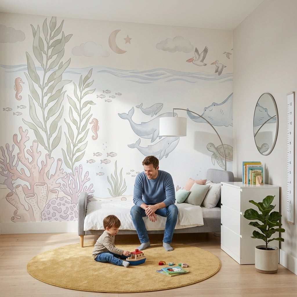 Deniz Canlıları Poster Duvar Kağıdı Pastel Çocuk Odası Desenli