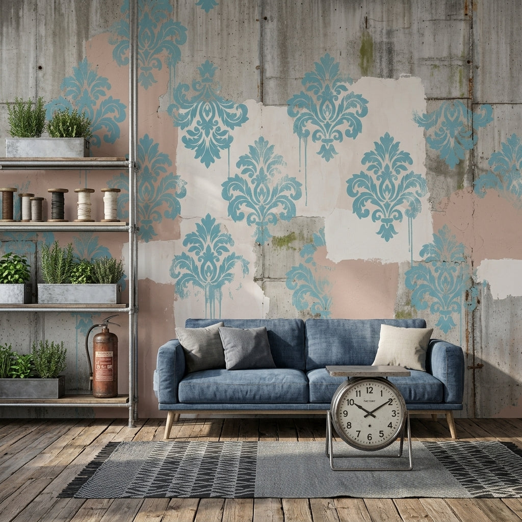 Damask Desenli Poster Duvar Kağıdı Mavi Gri Endüstriyel Salon