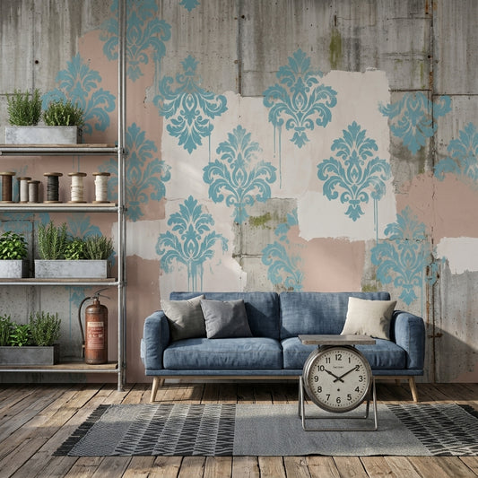 Damask Desenli Poster Duvar Kağıdı Mavi Gri Endüstriyel Salon