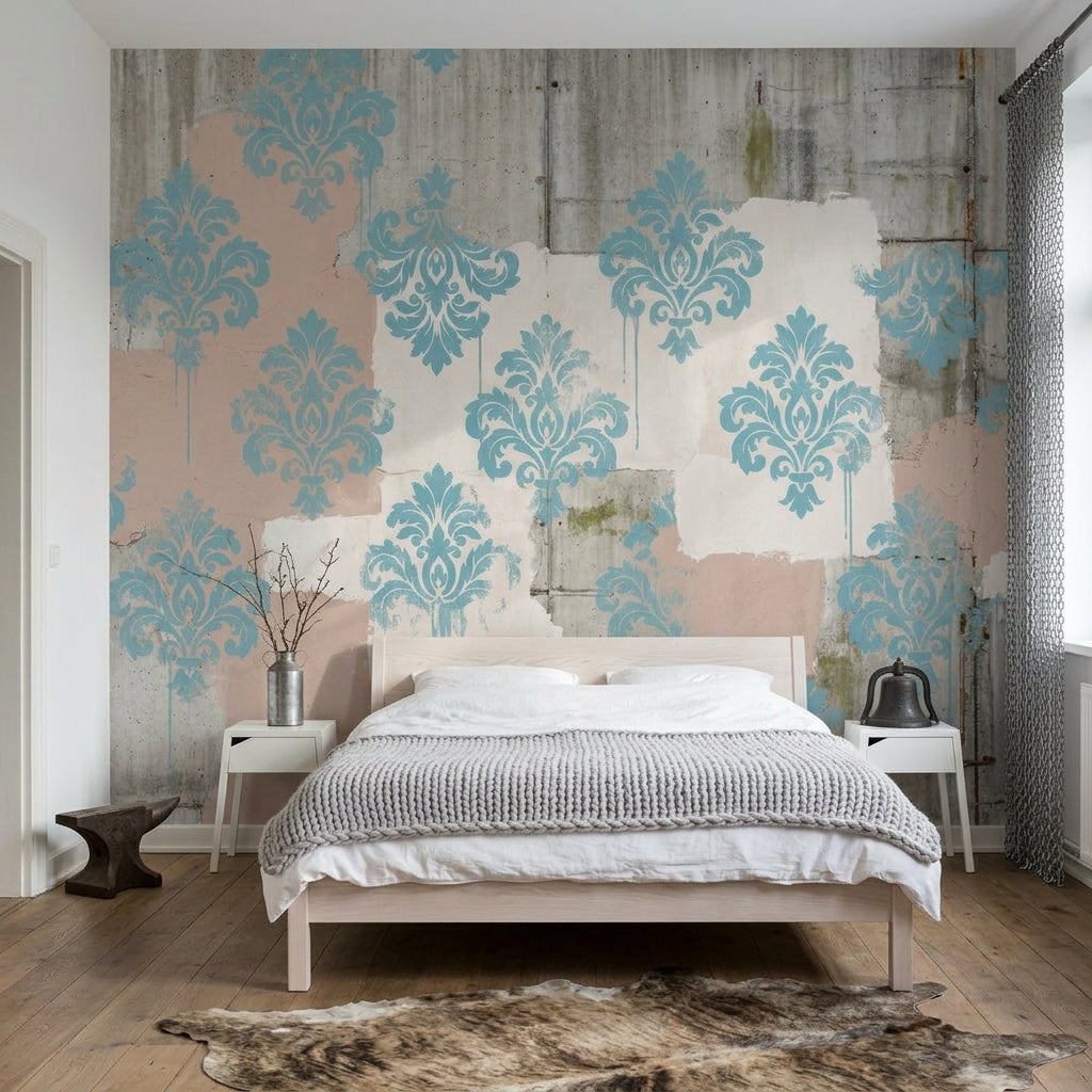 Damask Desenli Poster Duvar Kağıdı Mavi Gri Endüstriyel Salon