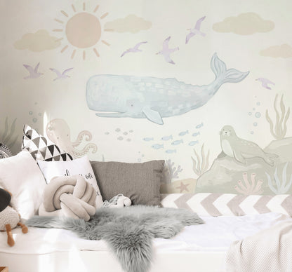 Deniz Temalı Balina Poster Duvar Kağıdı Pastel Çocuk Odası