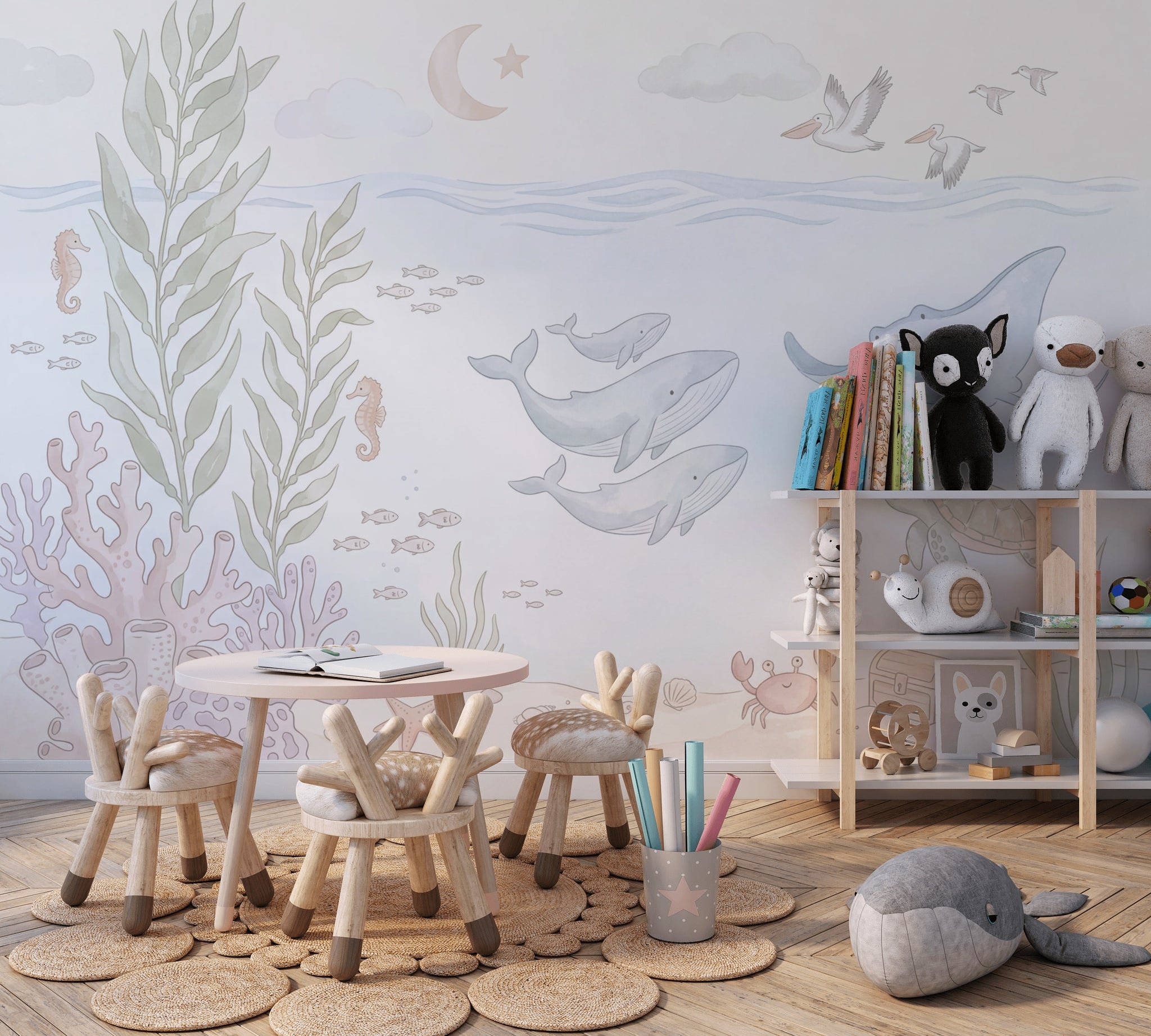 Deniz Canlıları Poster Duvar Kağıdı Pastel Çocuk Odası Desenli