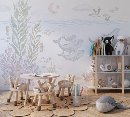 Deniz Canlıları Poster Duvar Kağıdı Pastel Çocuk Odası Desenli