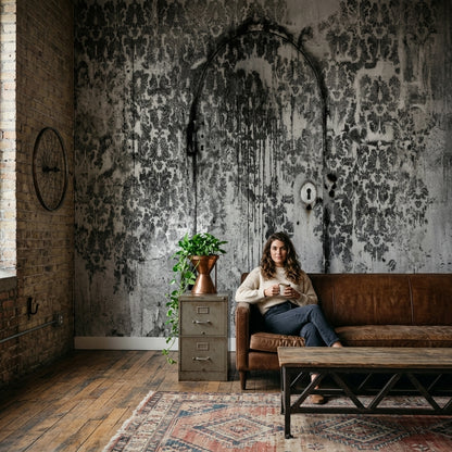 Eskitme Çiçek Desenli Poster Duvar Kağıdı Gri Endüstriyel Salon