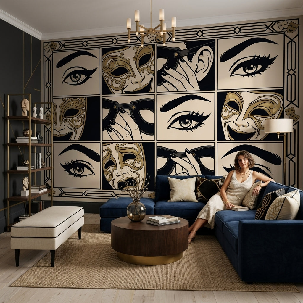 Venedik Maskeli Poster Duvar Kağıdı Siyah Altın Art Deco