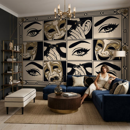 Venedik Maskeli Poster Duvar Kağıdı Siyah Altın Art Deco
