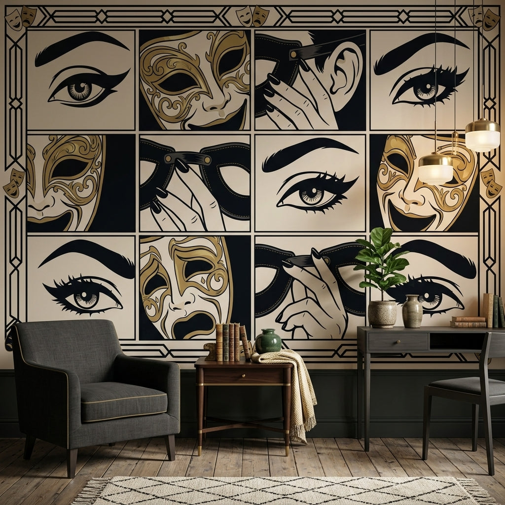 Venedik Maskeli Poster Duvar Kağıdı Siyah Altın Art Deco