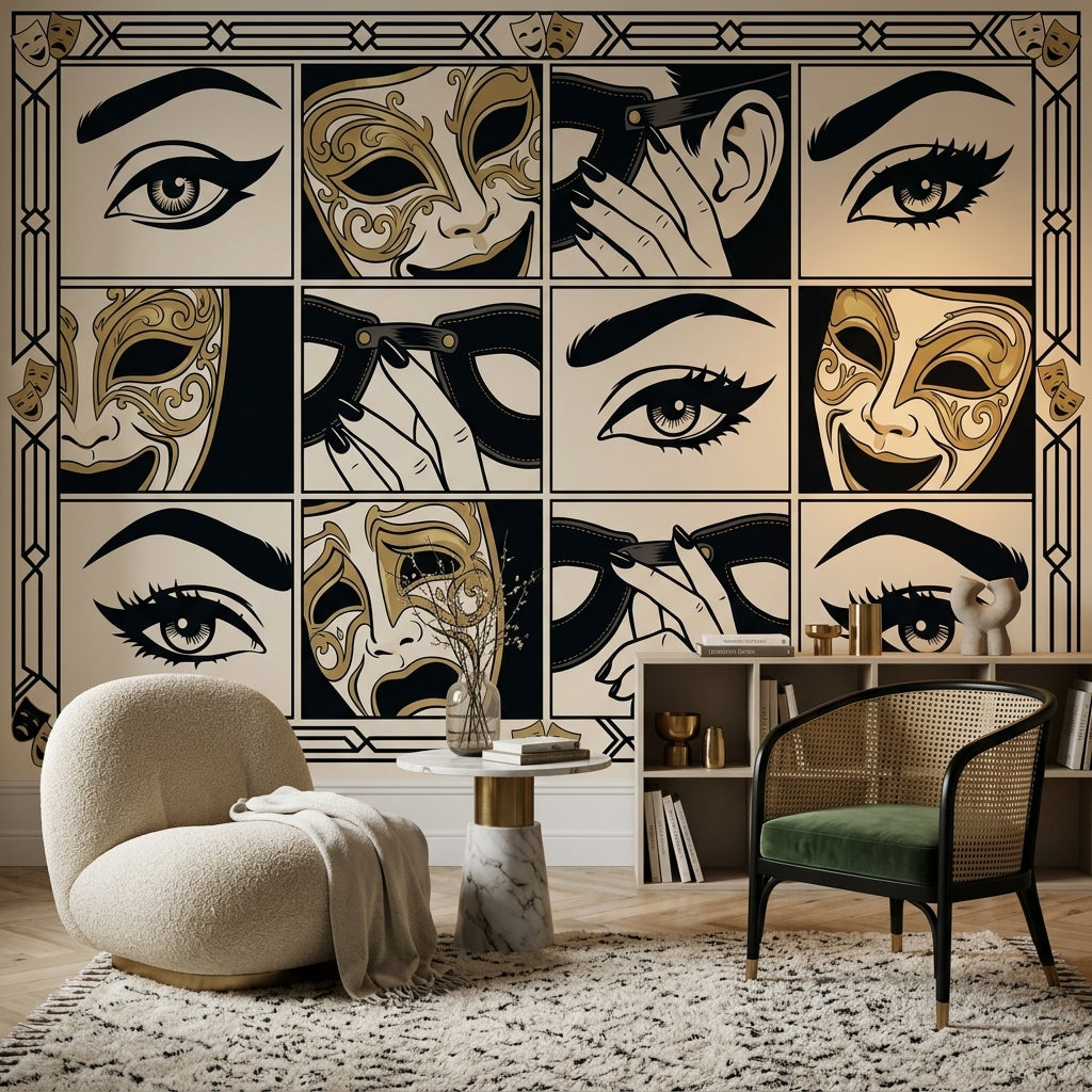 Venedik Maskeli Poster Duvar Kağıdı Siyah Altın Art Deco