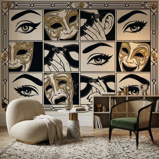 Venedik Maskeli Poster Duvar Kağıdı Siyah Altın Art Deco