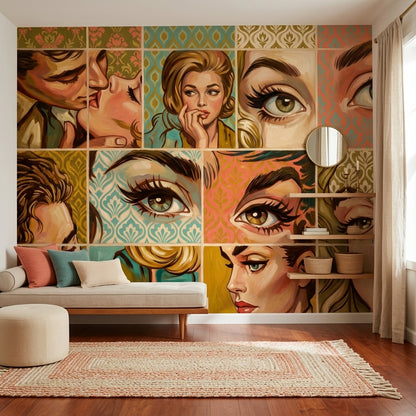 Pop Art Portreli Poster Duvar Kağıdı Renkli Retro Salon Dekoru