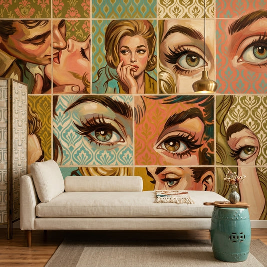 Pop Art Portreli Poster Duvar Kağıdı Renkli Retro Salon Dekoru