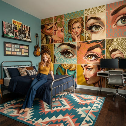 Pop Art Portreli Poster Duvar Kağıdı Renkli Retro Salon Dekoru