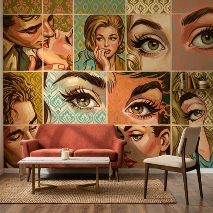 Pop Art Portreli Poster Duvar Kağıdı Renkli Retro Salon Dekoru