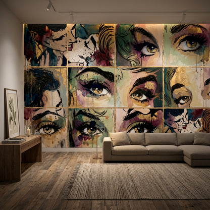 Pop Art Yüz İllüstrasyonlu Poster Duvar Kağıdı Renkli Salon