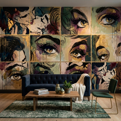 Pop Art Yüz İllüstrasyonlu Poster Duvar Kağıdı Renkli Salon