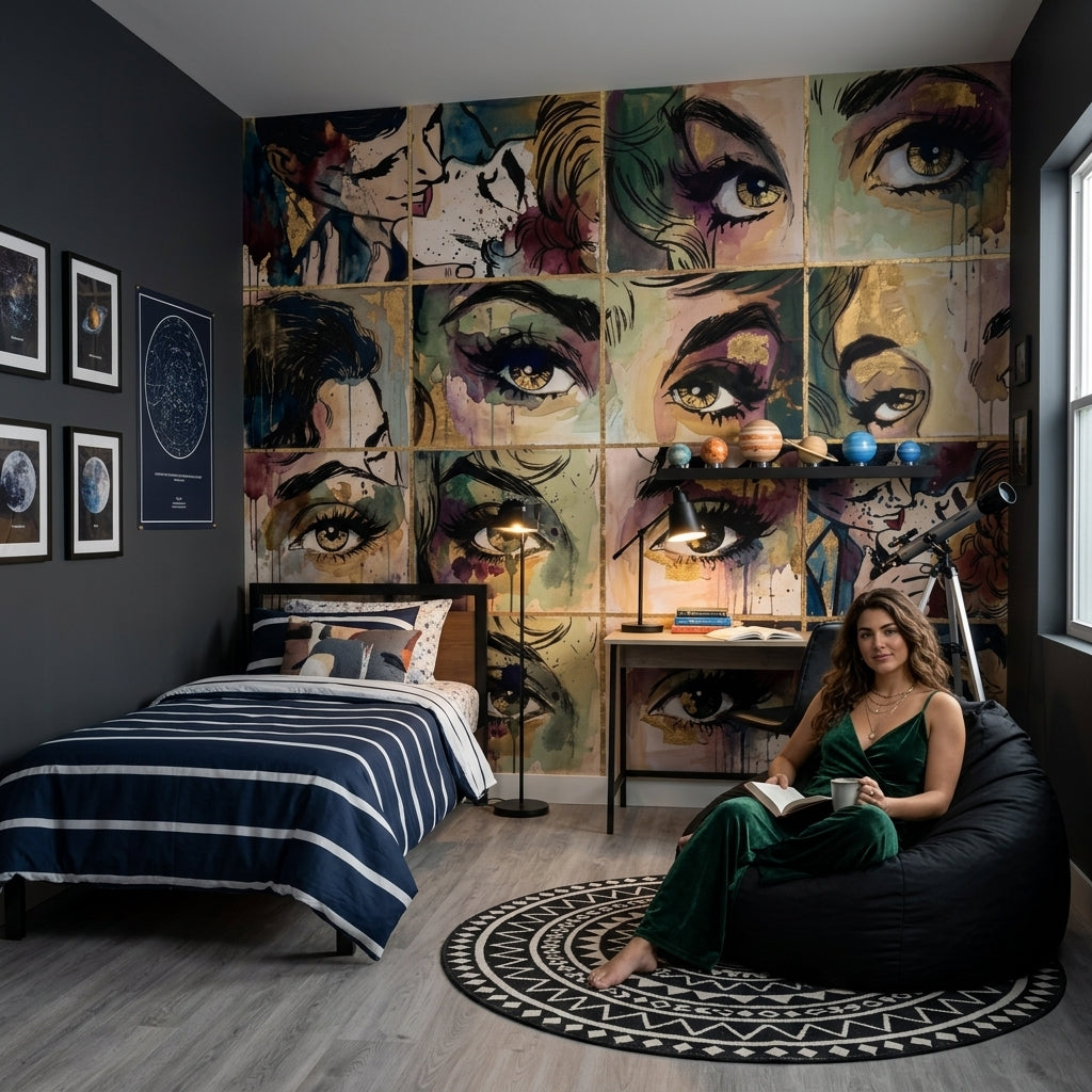Pop Art Yüz İllüstrasyonlu Poster Duvar Kağıdı Renkli Salon