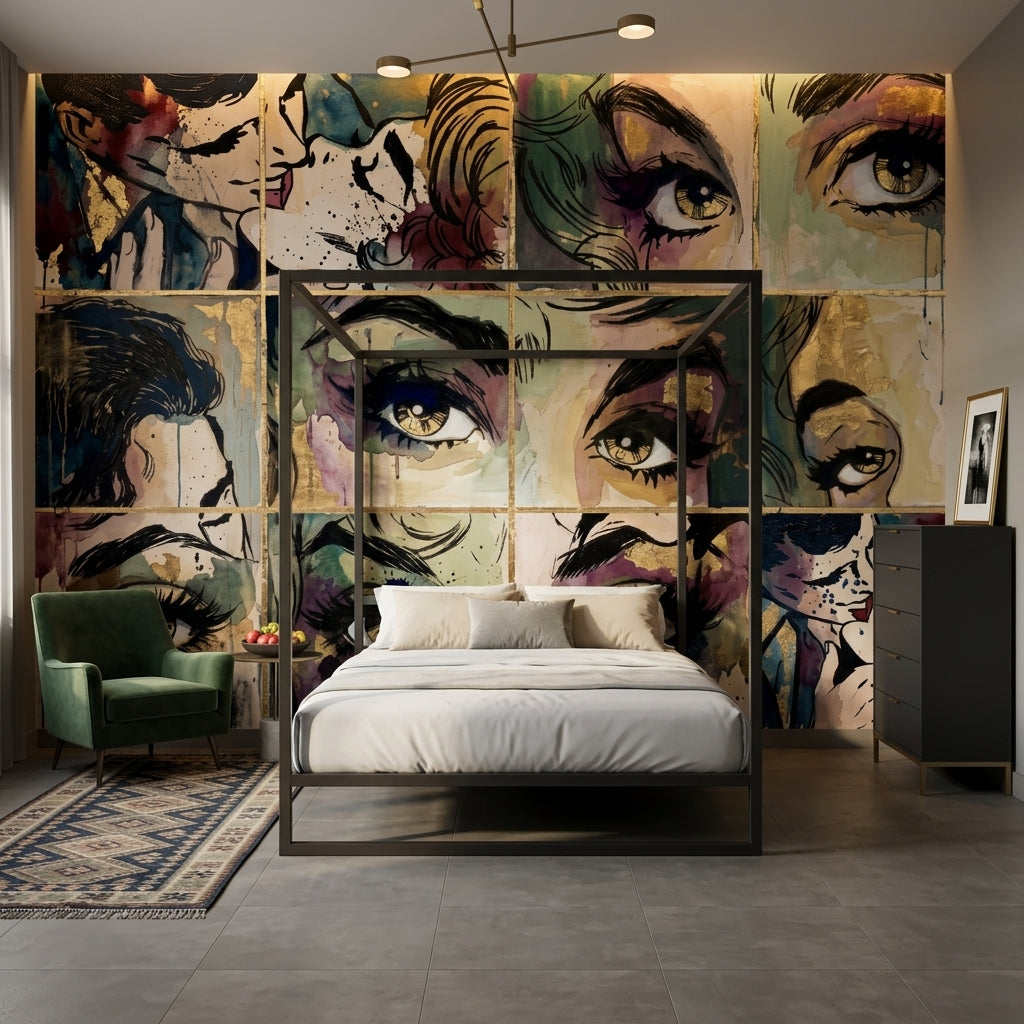 Pop Art Yüz İllüstrasyonlu Poster Duvar Kağıdı Renkli Salon