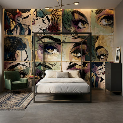 Pop Art Yüz İllüstrasyonlu Poster Duvar Kağıdı Renkli Salon