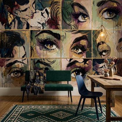 Pop Art Yüz İllüstrasyonlu Poster Duvar Kağıdı Renkli Salon