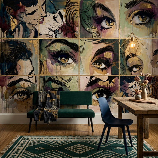 Pop Art Yüz İllüstrasyonlu Poster Duvar Kağıdı Renkli Salon