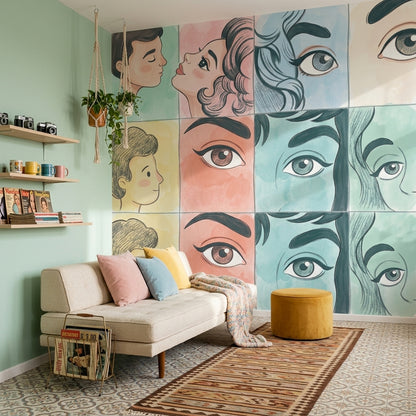 Pop Art Yüz İllüstrasyonlu Poster Duvar Kağıdı Pastel Salon