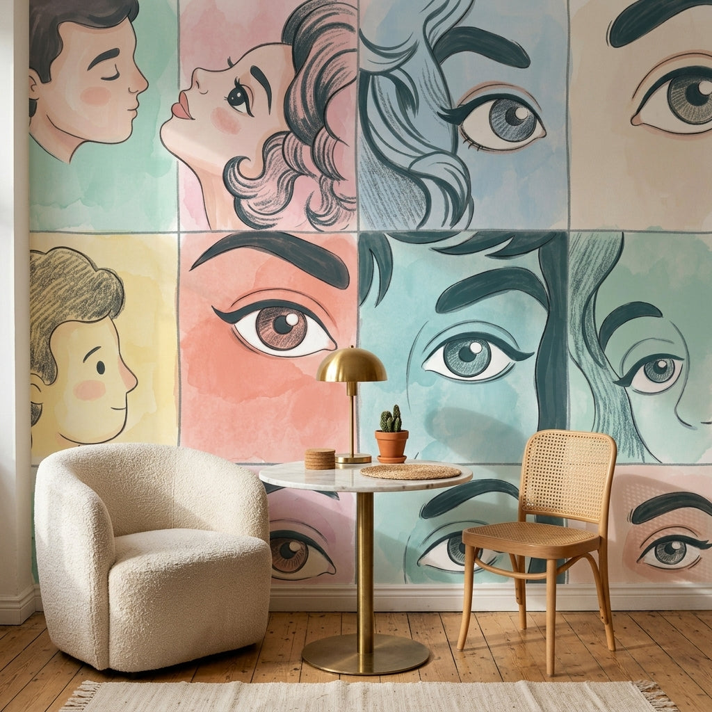 Pop Art Yüz İllüstrasyonlu Poster Duvar Kağıdı Pastel Salon