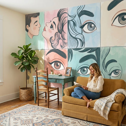 Pop Art Yüz İllüstrasyonlu Poster Duvar Kağıdı Pastel Salon