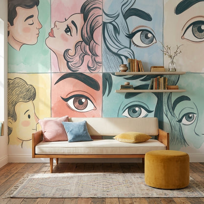 Pop Art Yüz İllüstrasyonlu Poster Duvar Kağıdı Pastel Salon