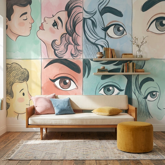 Pop Art Yüz İllüstrasyonlu Poster Duvar Kağıdı Pastel Salon