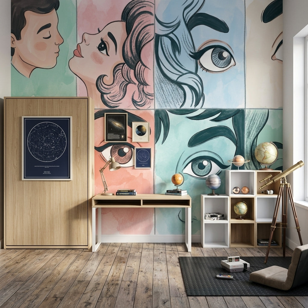 Pop Art Yüz İllüstrasyonlu Poster Duvar Kağıdı Pastel Salon