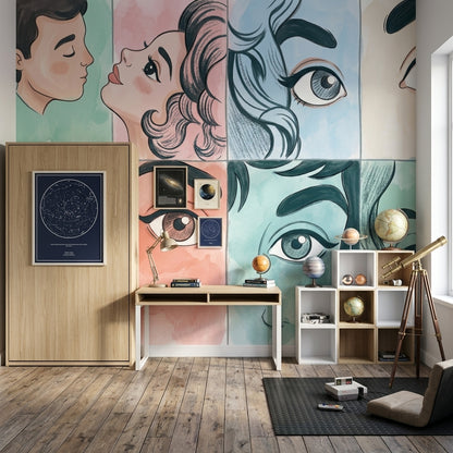 Pop Art Yüz İllüstrasyonlu Poster Duvar Kağıdı Pastel Salon