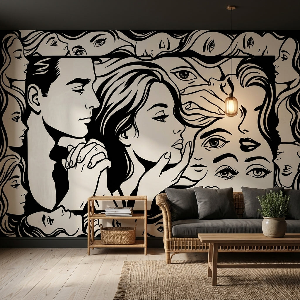 Siyah Beyaz Çizgi Sanat Yüzler Poster Duvar Kağıdı Salon
