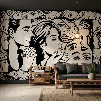 Siyah Beyaz Çizgi Sanat Yüzler Poster Duvar Kağıdı Salon