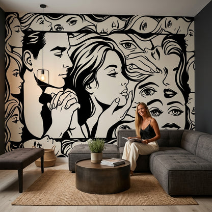 Siyah Beyaz Çizgi Sanat Yüzler Poster Duvar Kağıdı Salon