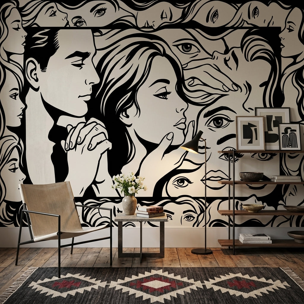 Siyah Beyaz Çizgi Sanat Yüzler Poster Duvar Kağıdı Salon