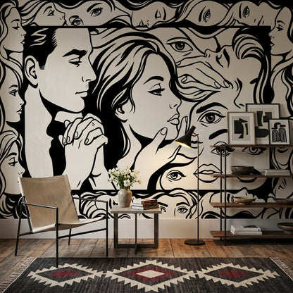 Siyah Beyaz Çizgi Sanat Yüzler Poster Duvar Kağıdı Salon