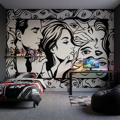 Siyah Beyaz Çizgi Sanat Yüzler Poster Duvar Kağıdı Salon