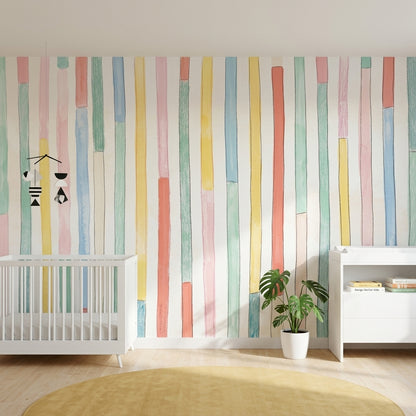 Renkli Dikey Çizgili Poster Duvar Kağıdı Bebek Odası Pastel