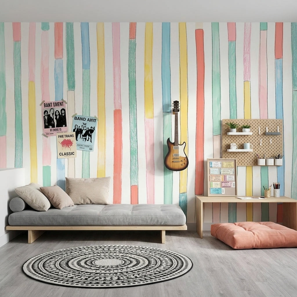 Renkli Dikey Çizgili Poster Duvar Kağıdı Bebek Odası Pastel