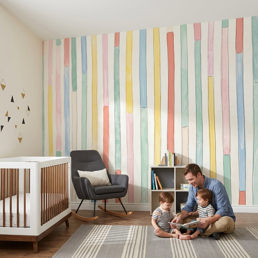 Renkli Dikey Çizgili Poster Duvar Kağıdı Bebek Odası Pastel